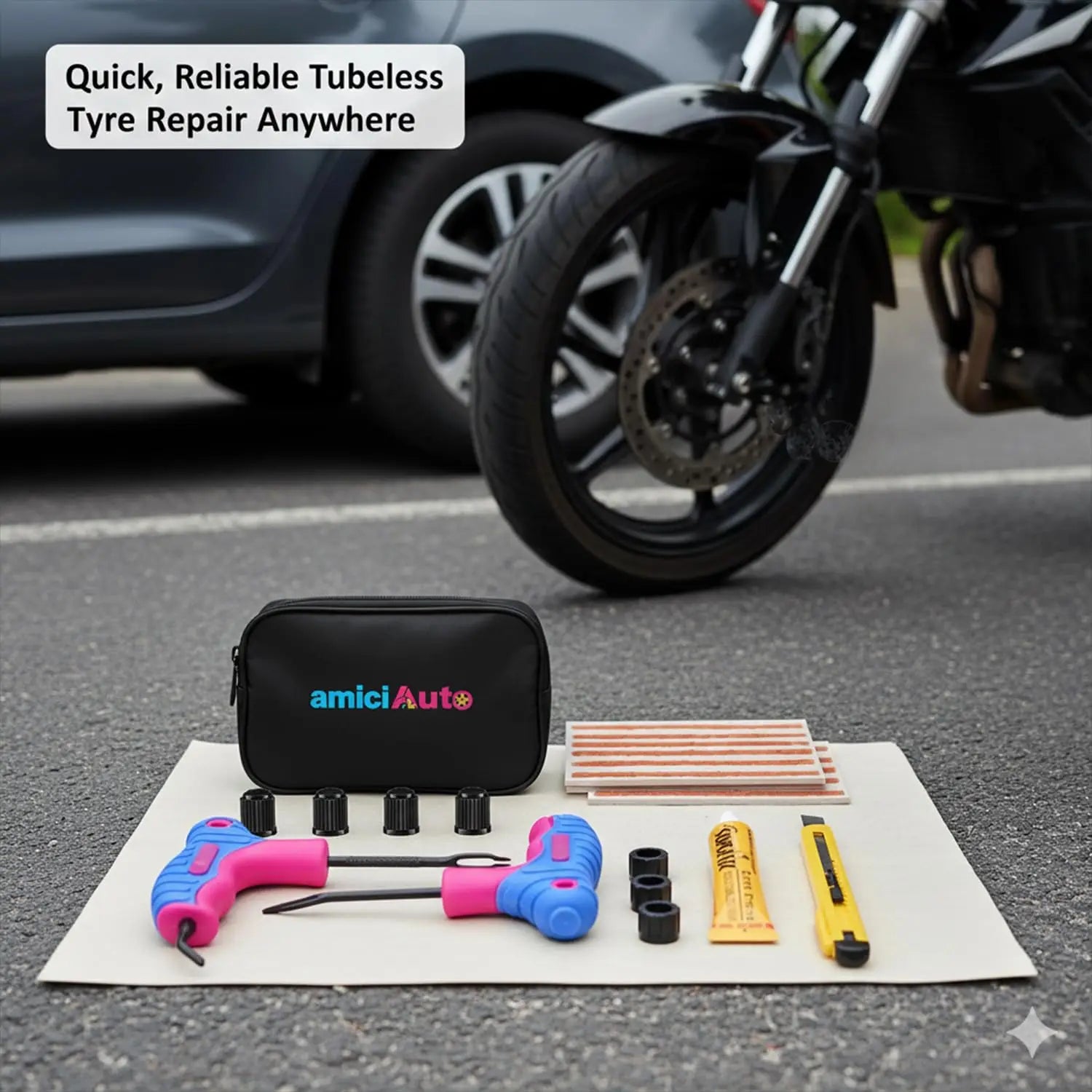 Tubeless Tyre Puncture Repair Kit – Heavy-Duty 4-in-1 Reamer, Probe, Cutter & Valve Caps Motorcycle & Car Tyre Repair Set