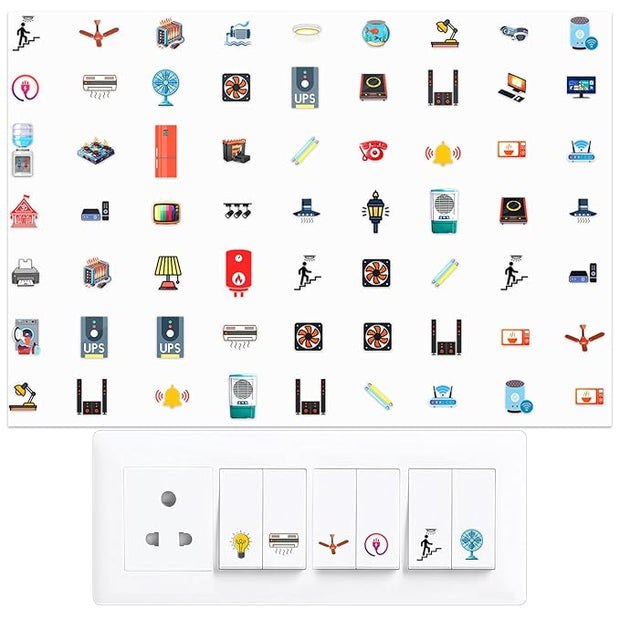 Switch Board Stickers – 42 Designs with 442 Icons, Water-Resistant Self-Adhesive Labels