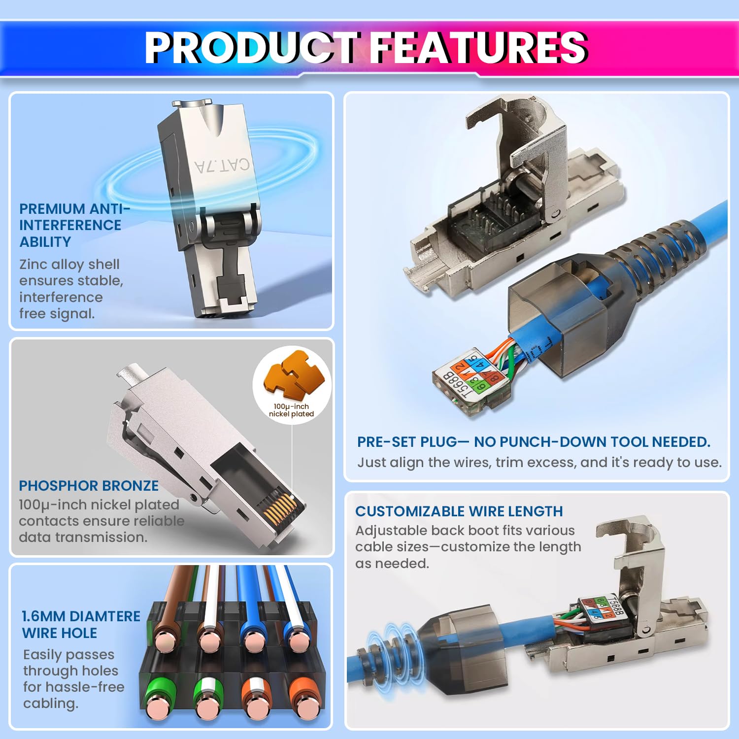 RJ45 CAT7 Reusable Ethernet Termination Plug Compatible with 22-23AWG, 6.0–8.0mm OD Tool-Free Design amiciKart