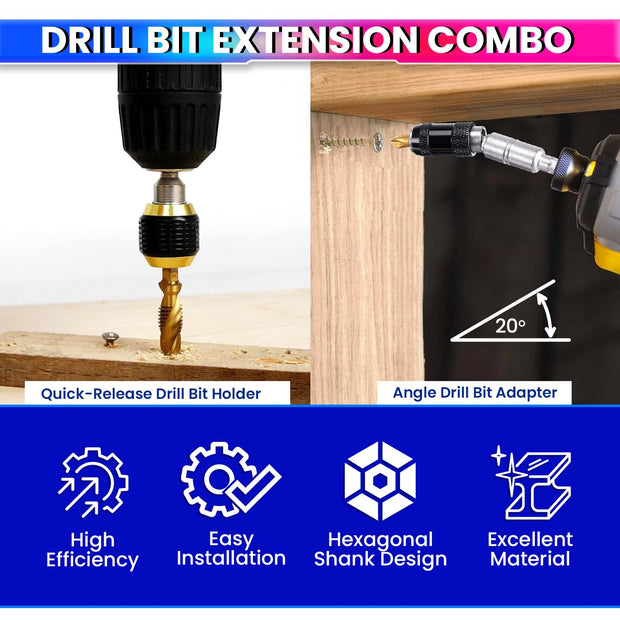 Self-Locking Quick Release Drill Bit Holder Combo – 1/4'' Hex Shank Extension with Angle Adapter