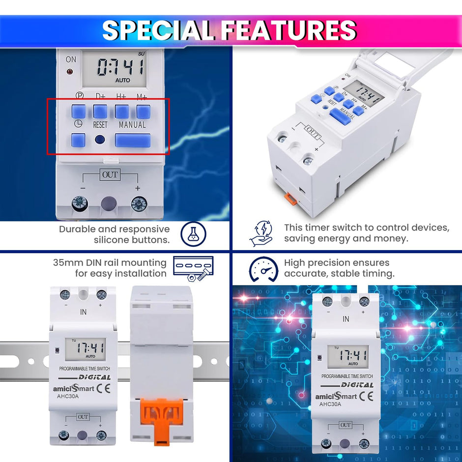 amiciSmart Digital Programmable Timer Switch Relay in-Built 7 Days Schedule, DIN Rail Mounted 30A, DC 12V