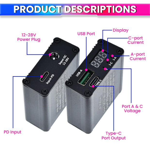 amiciSolar 100W DC-DC Mobile Quick Charger, 12~28V DC Step Down Module with QC4.0, QC3.0, Type-C USB Protocols ? Supports PD3.0, VOOC, Dash