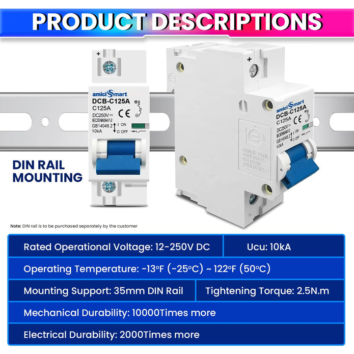 Overloads and Short Circuit Protection 125A DC Circuit Breaker 250V DIN Rail Mount, Solar & Battery Protection