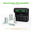 EBL LCD Universal Battery Charger - 8 Bay AA AAA C D Battery Charger for Rechargeable Batteries with 2A USB Port, Type C Input, Fast Battery Charger