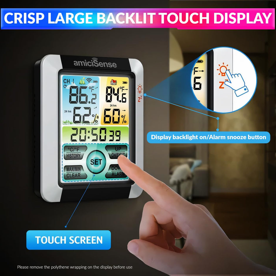 Digital Weather Station – Indoor/Outdoor Temp & Humidity Monitor with Touchscreen & Clock