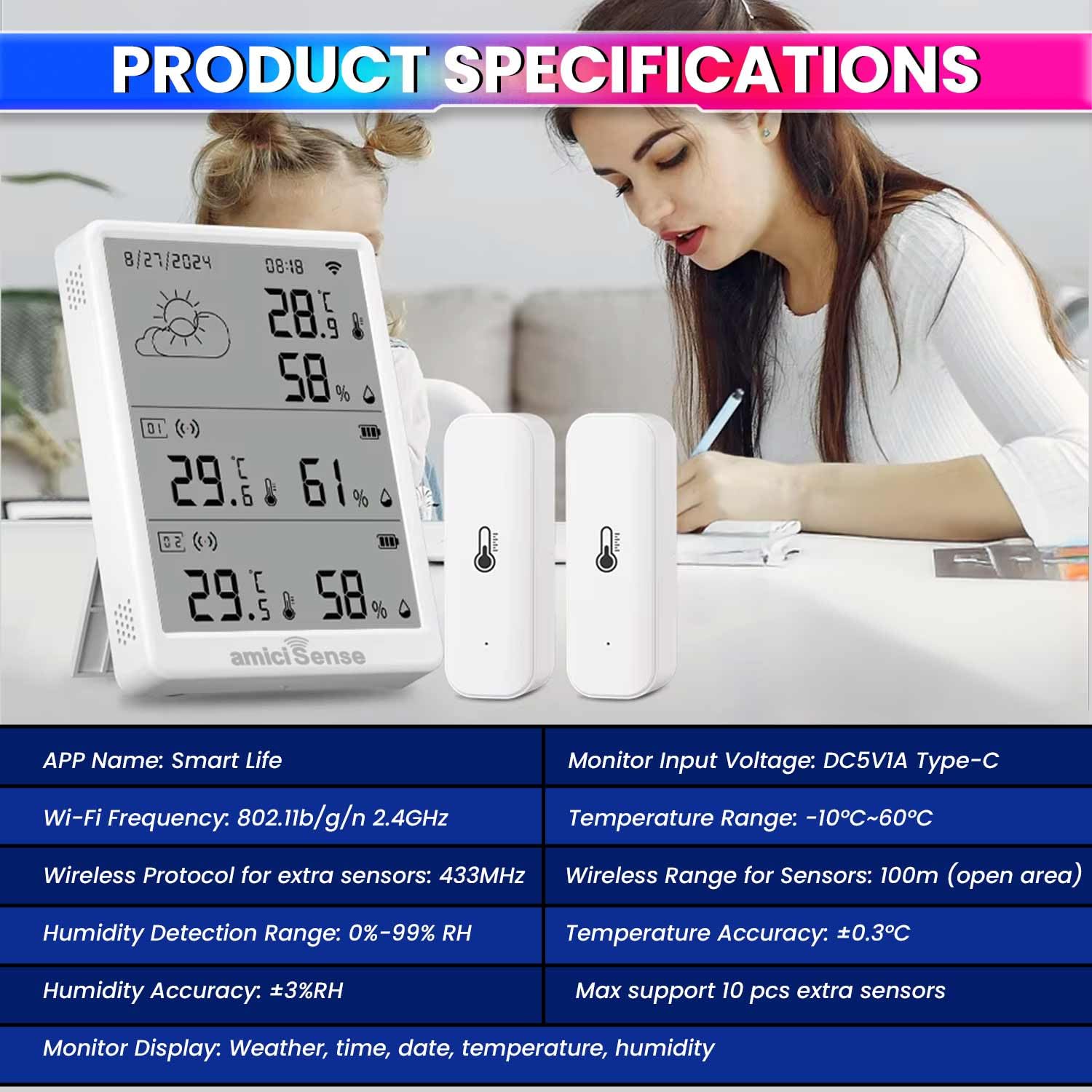 Digital Weather Station – Indoor/Outdoor Temp & Humidity, Date/Time, Dual Sensors, SmartLife App