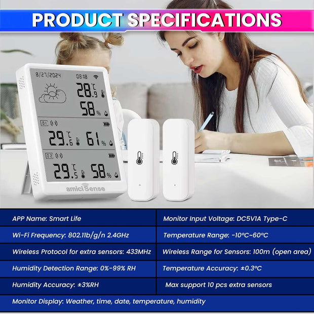 Digital Weather Station – Indoor/Outdoor Temp & Humidity, Date/Time, Dual Sensors, SmartLife App