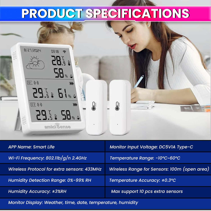 Digital Weather Station, Indoor/Outdoor Temperature and Humidity Monitoring Device with Dual External Sensors and Data Export Feature