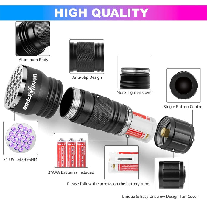 21LED UV Flashlight, 395~400nm Ultra-Violet Metal Torch Black Light