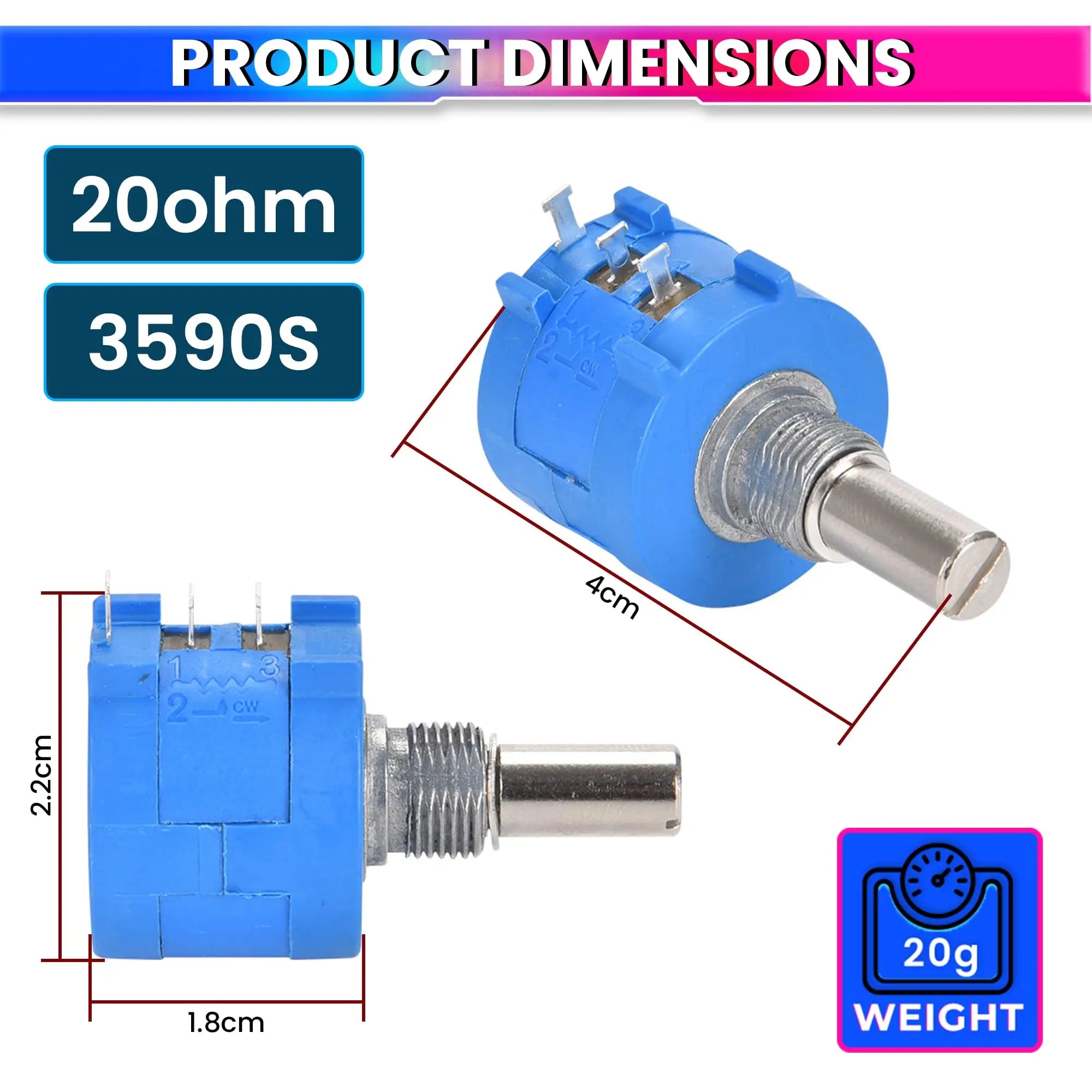 20K Ohm Precision 10-Turn Multiturn Potentiometer ±5% Tolerance, ±50ppm/°C Stability, Long-Life Metal Shaft Variable Resistor