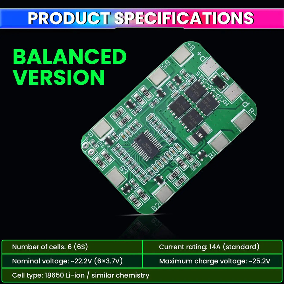 6S 22.2V/25.2V 14A Lithium Battery BMS Protection Board with Cell Balancing 6-Cell 18650 Li-ion Packs Overcharge, Over-Discharge & Short-Circuit Safety