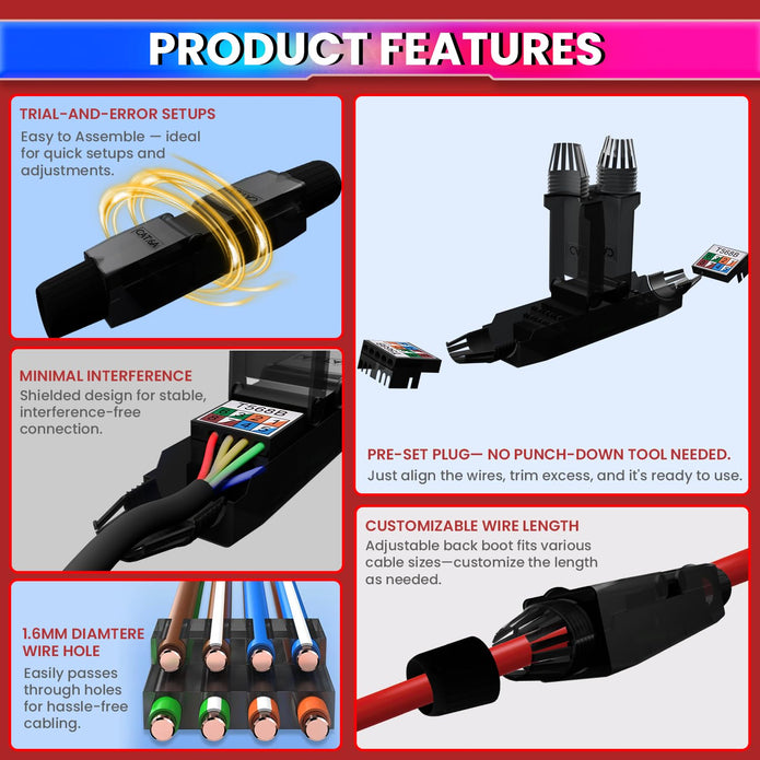 RJ45 Cat6A LAN Connector–Tool-less Extension Adapter for 23/24 AWG,Ethernet Cable