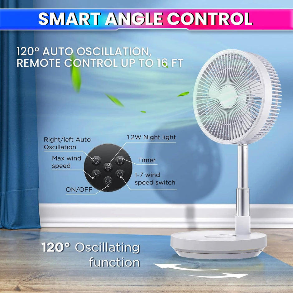 10-Inch Telescopic Rechargeable Stand Fan – 8-Speed Folding Fan with Remote & 9000mAh Battery