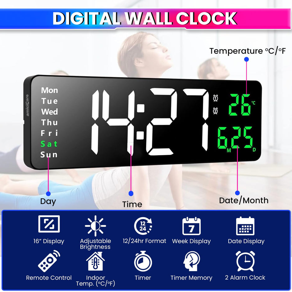 Remote Controlled LED Wall Clock - Day Date Month Temperature Display | Dual Alarm