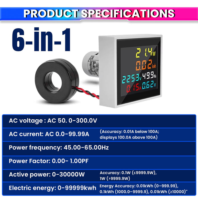 6-in-1 Digital AC Power Meter, Voltmeter, Ammeter, kWh Power Frequency 50–300V, 100A Energy Meter