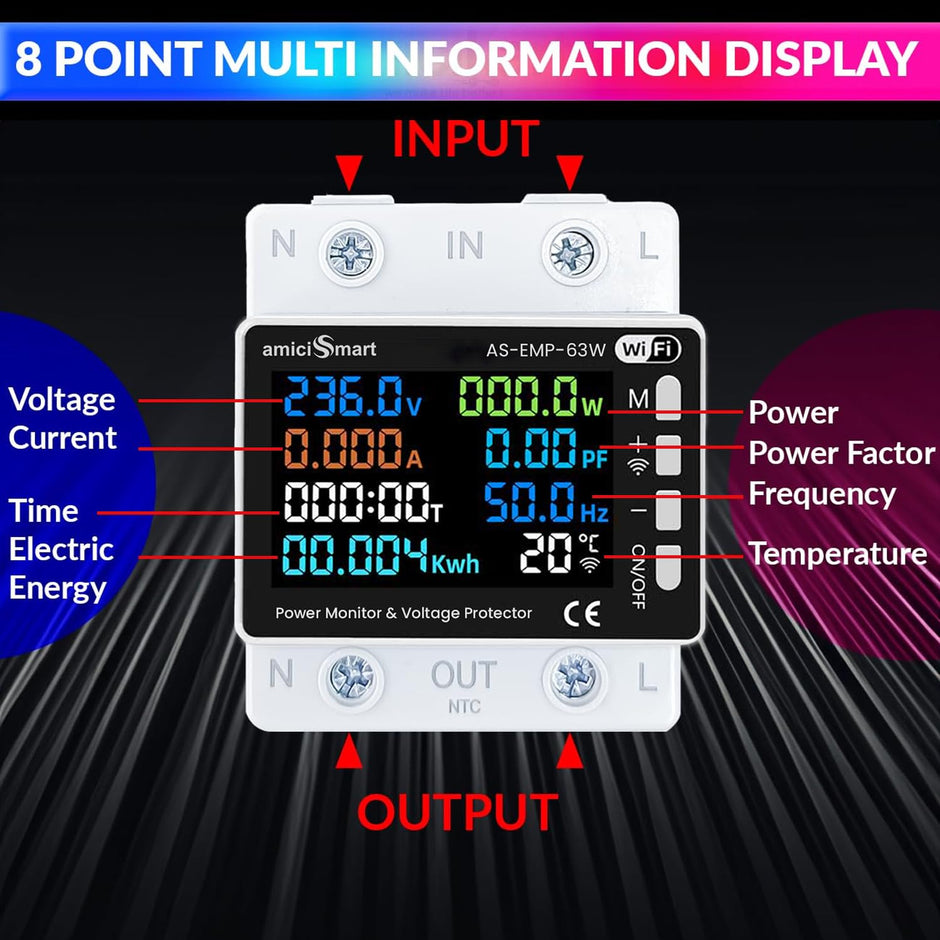 amiciSmart WiFi 8 in 1 Digital Energy Meter with Over/Under Voltage/Current/Temperature Protection, 63A Compatible with SmartLife App (220VAC, 13.8kW)