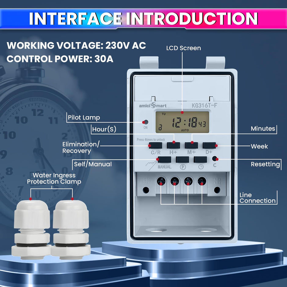 amiciSmart 230V 30A Digital Programmable Timer Switch with Loop Mode | IP65 Waterproof | 20 ON/Off Schedules | LCD Display | Auto Keyboard Lock |