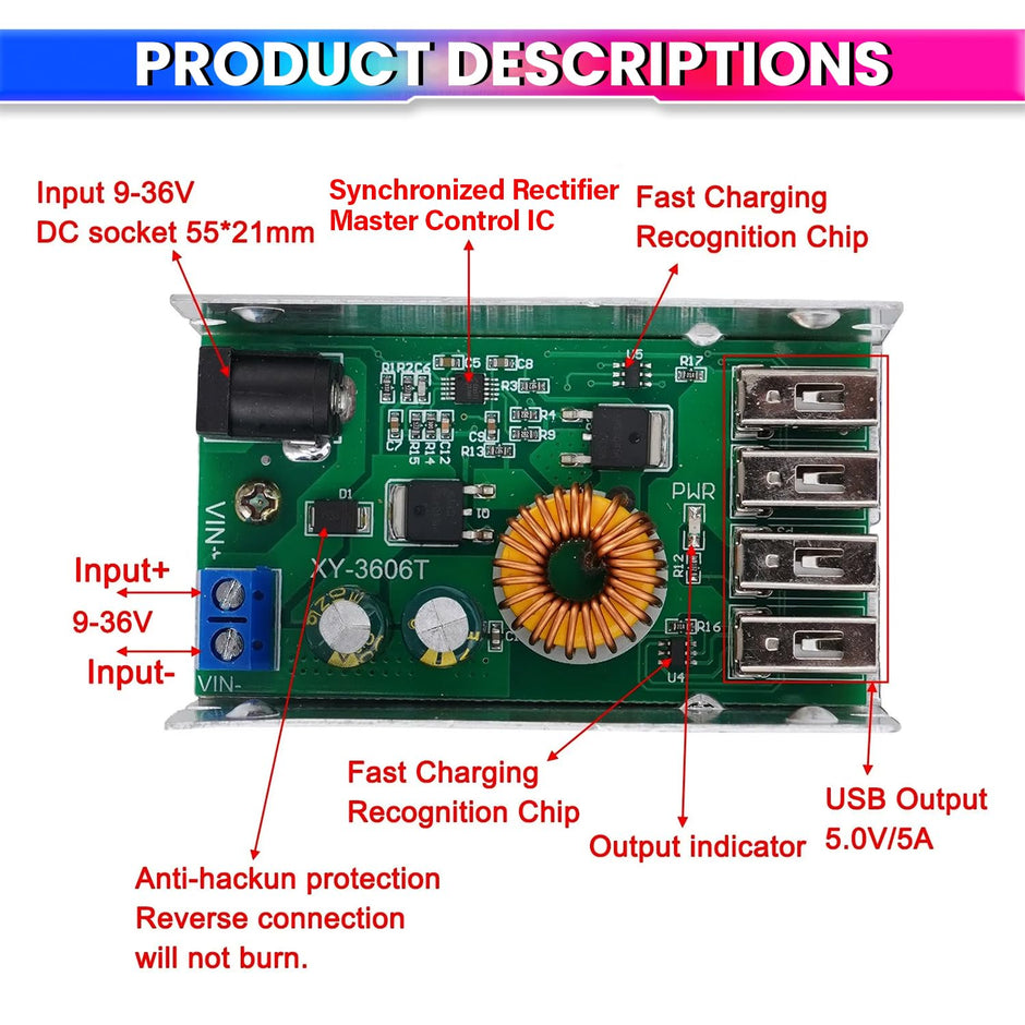 9-36V DC Buck Converter, Step-Down Module with 4 USB Ports, 5.2V 5A 25W Output High-Efficiency Power Regulator amiciKart c0tmiz-hs.myshopify.com