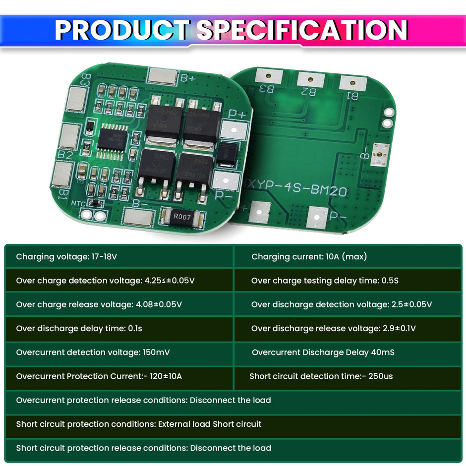 BMS Battery Protection Board 18650 Li-Ion Lithium for Solar Lighting, Power Tools & DIY Battery Packs for Short Circuit Protection