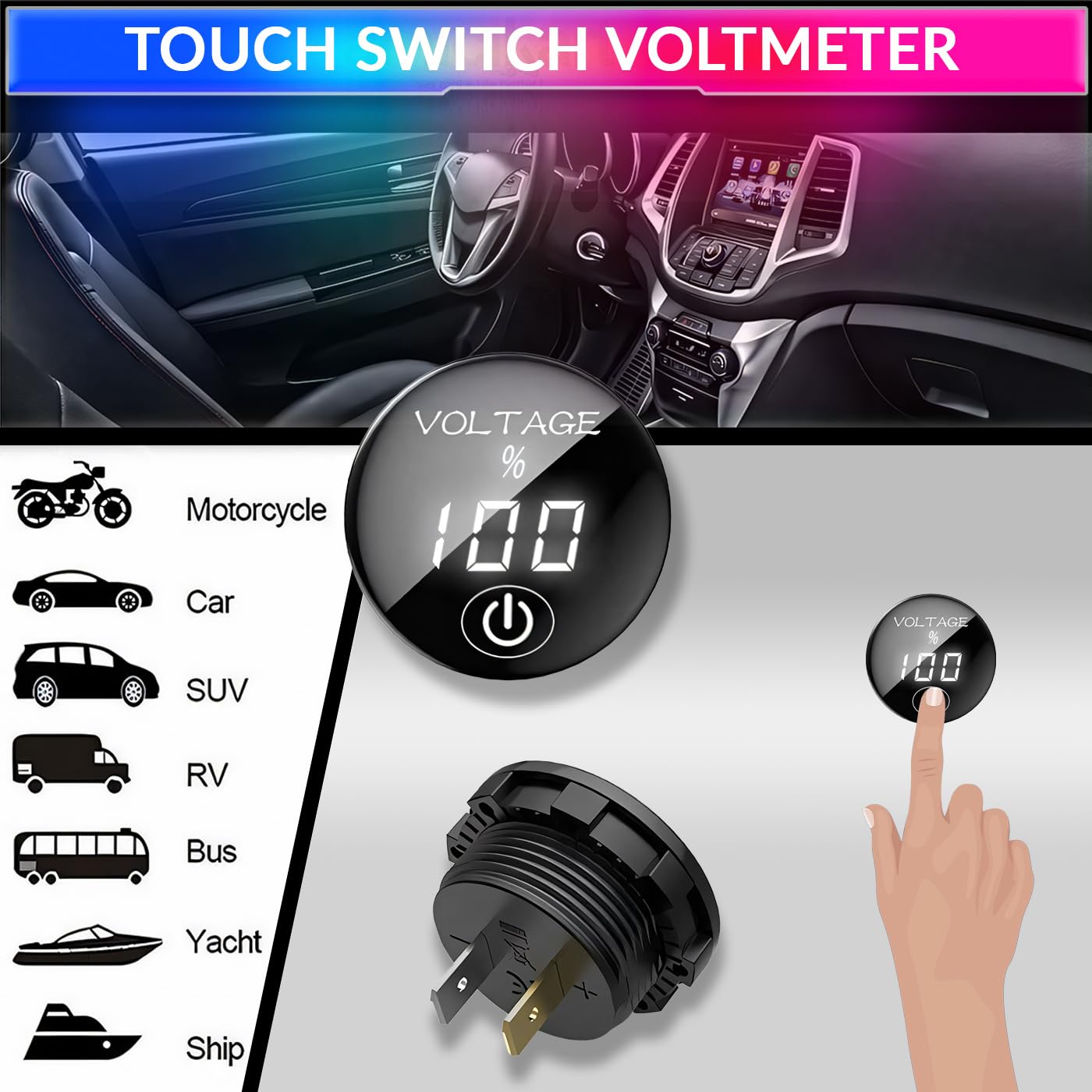 amiciSmart DC 5V-48V Battery Capacity Indicator Digital Voltmeter for Car Motorcycle with ON/OFF Touch Switch for Lead Acid Battery