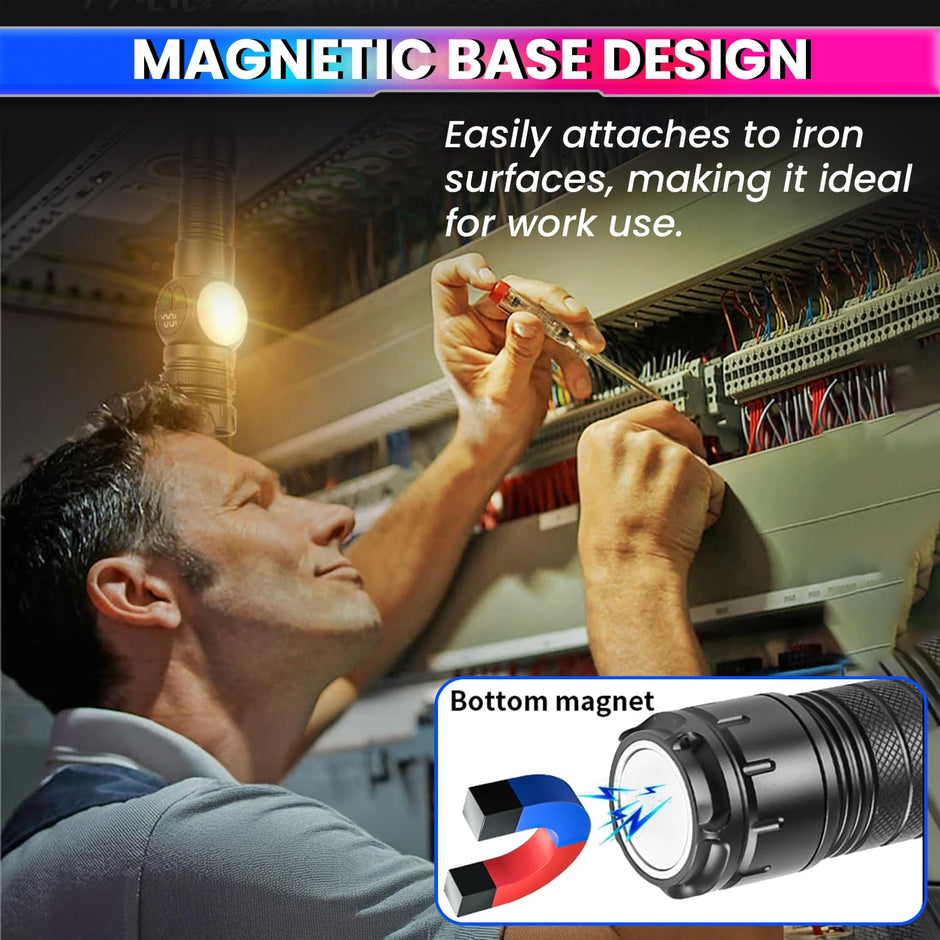 Tactical Flashlight with COB, Digital Display, Magnetic Tail, Rechargeable Power Bank, 9 Light Modes