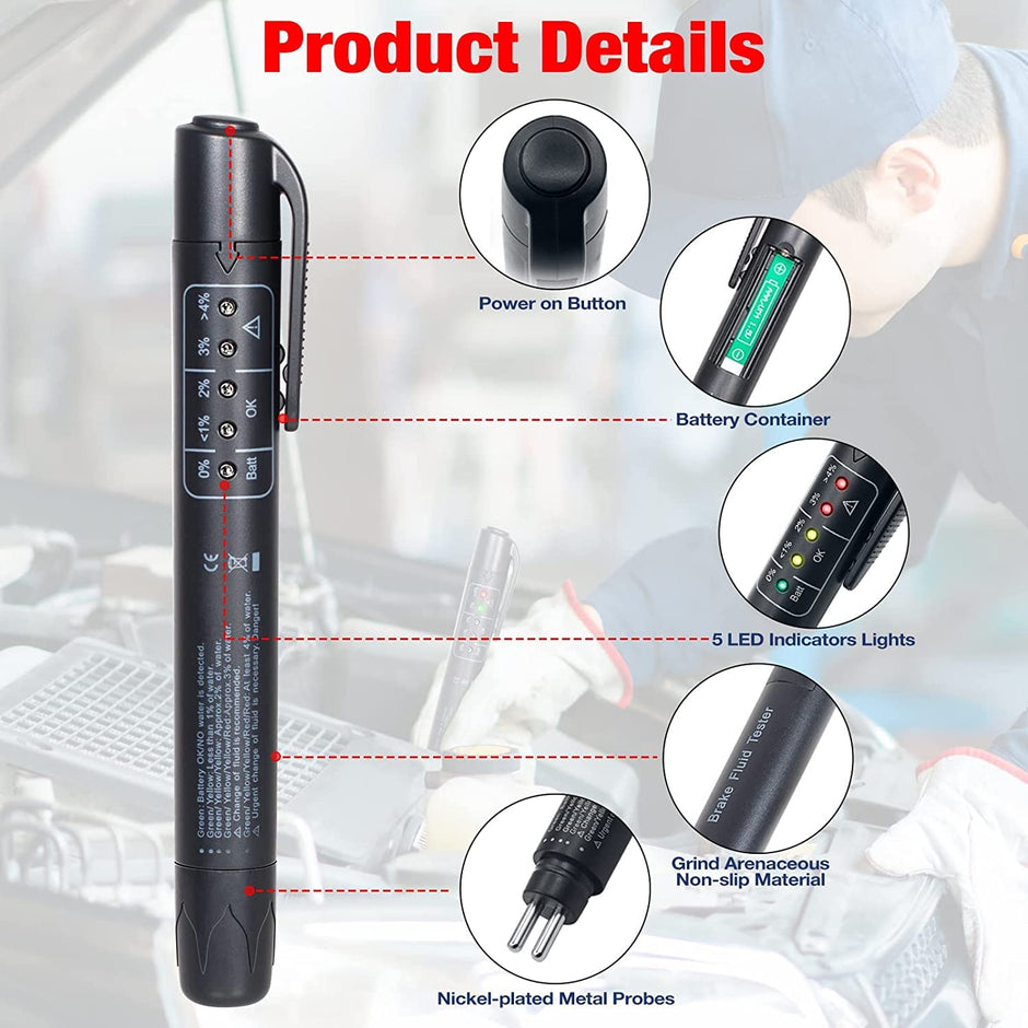 amiciAuto Brake Fluid Tester 5 LED Indicator For DOT3 DOT4 Brake Fuel with AAA Battery