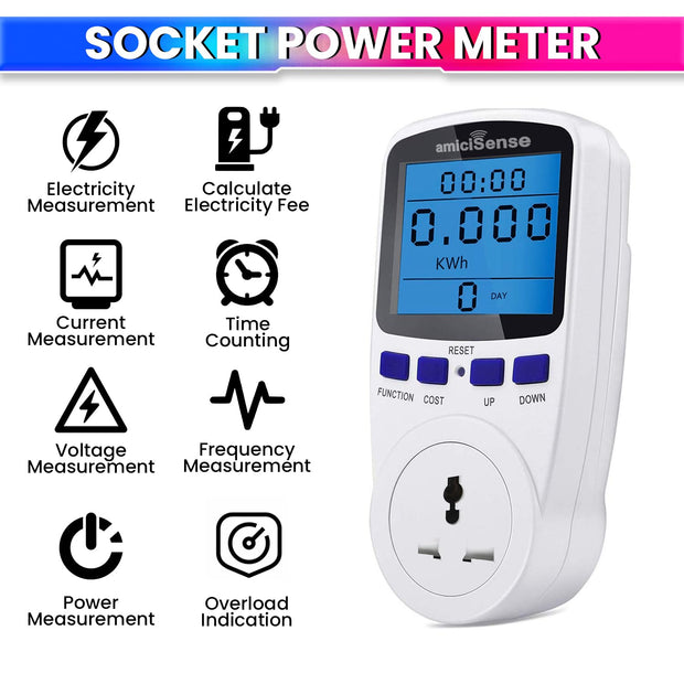 amiciSense Digital Socket Power Meter ? Energy Monitor for Voltage, Amps & Frequency Test | 16A Capacity with Real-Time Cost Calculation