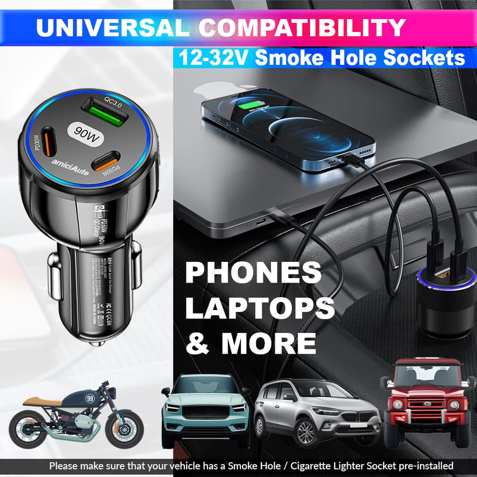 amiciAuto 90W High-Power Car Charger with Triple USB Ports with PD3.0 & QC 3.0 Fast Charging Technology