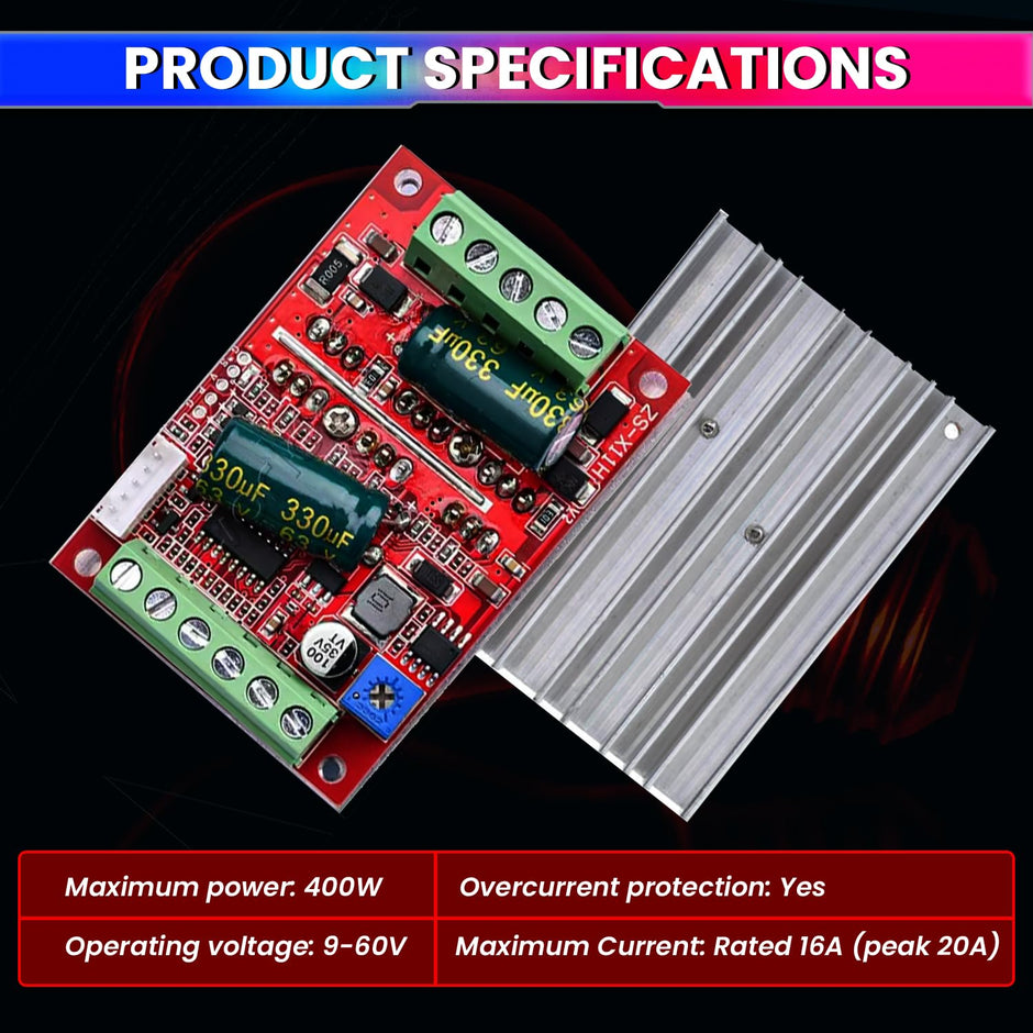 amiciSmart DC 6-60V 400W BLDC Three-Phase Brushless Motor Controller with PWM and Hall Sensor Support