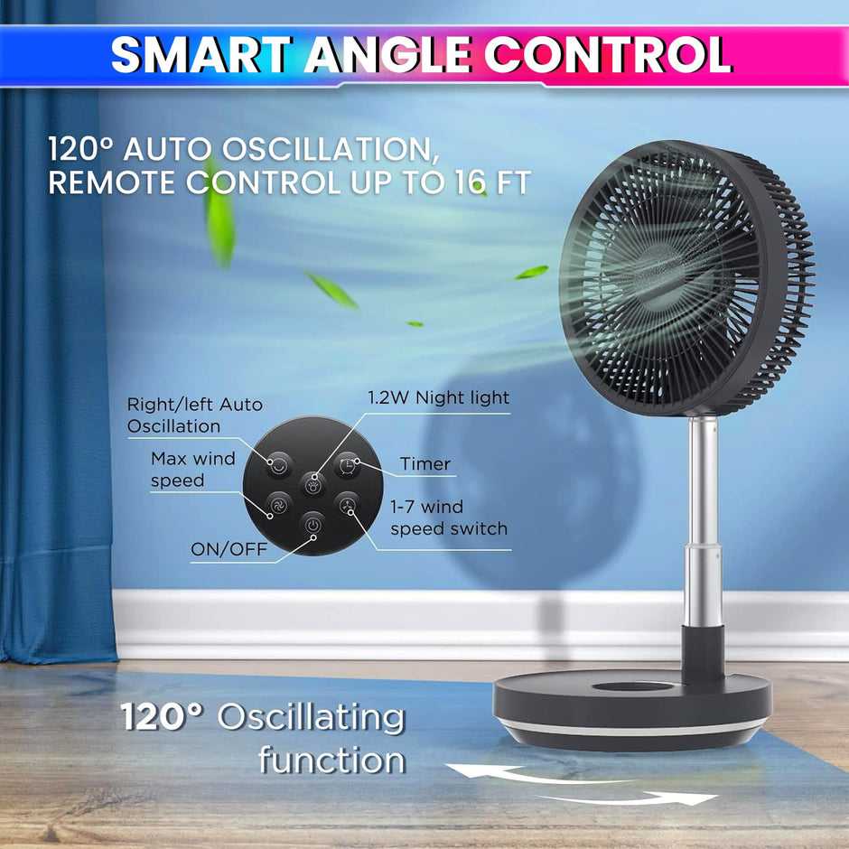 10-Inch Telescopic Rechargeable Stand Fan – 8-Speed Folding Fan with Remote & 9000mAh Battery