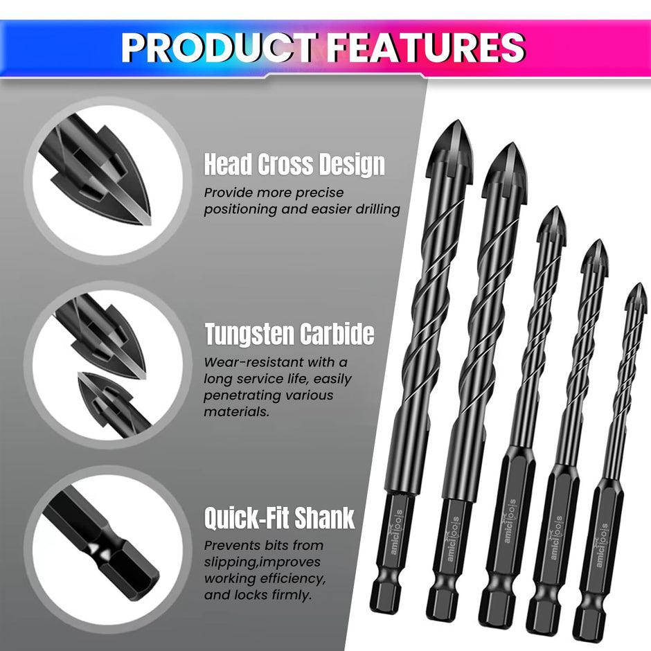 amiciTools 4-12MM Masonry Hex Tile Drill Bits Set – Hard Alloy Triangle Bit Kit for Glass, Ceramic, Concrete, Brick & More – Pack of 5