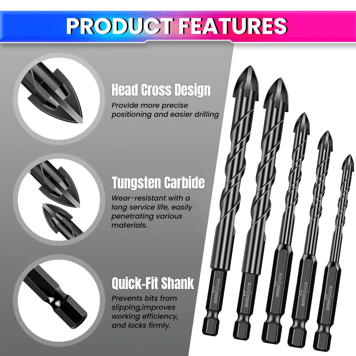amiciTools 4-12MM Masonry Hex Tile Drill Bits Set – Hard Alloy Triangle Bit Kit for Glass, Ceramic, Concrete, Brick & More – Pack of 5