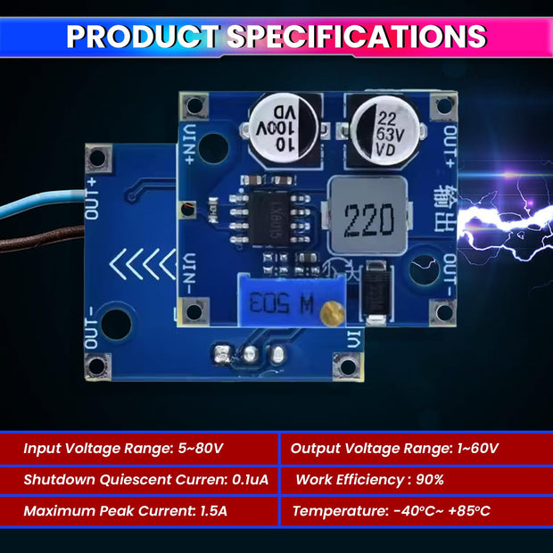 amiciSolar LX8015 DC-DC Adjustable Step-Down Power Module | 5-80V Input to 1-60V Output | 1.5A Peak Current | High Efficiency Buck Converter