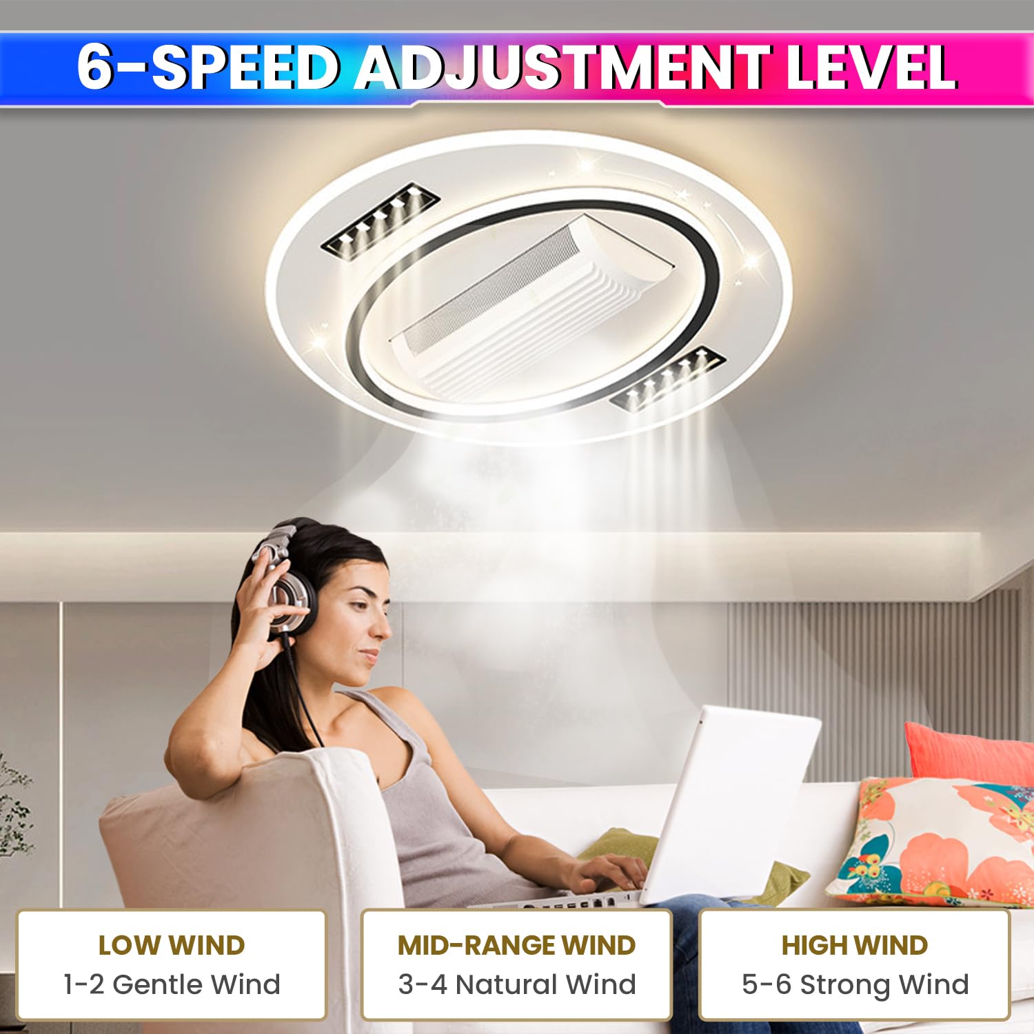 Bladeless Ceiling Fan with Integrated LED Lighting | Remote Control | Adjustable Speed & Brightness