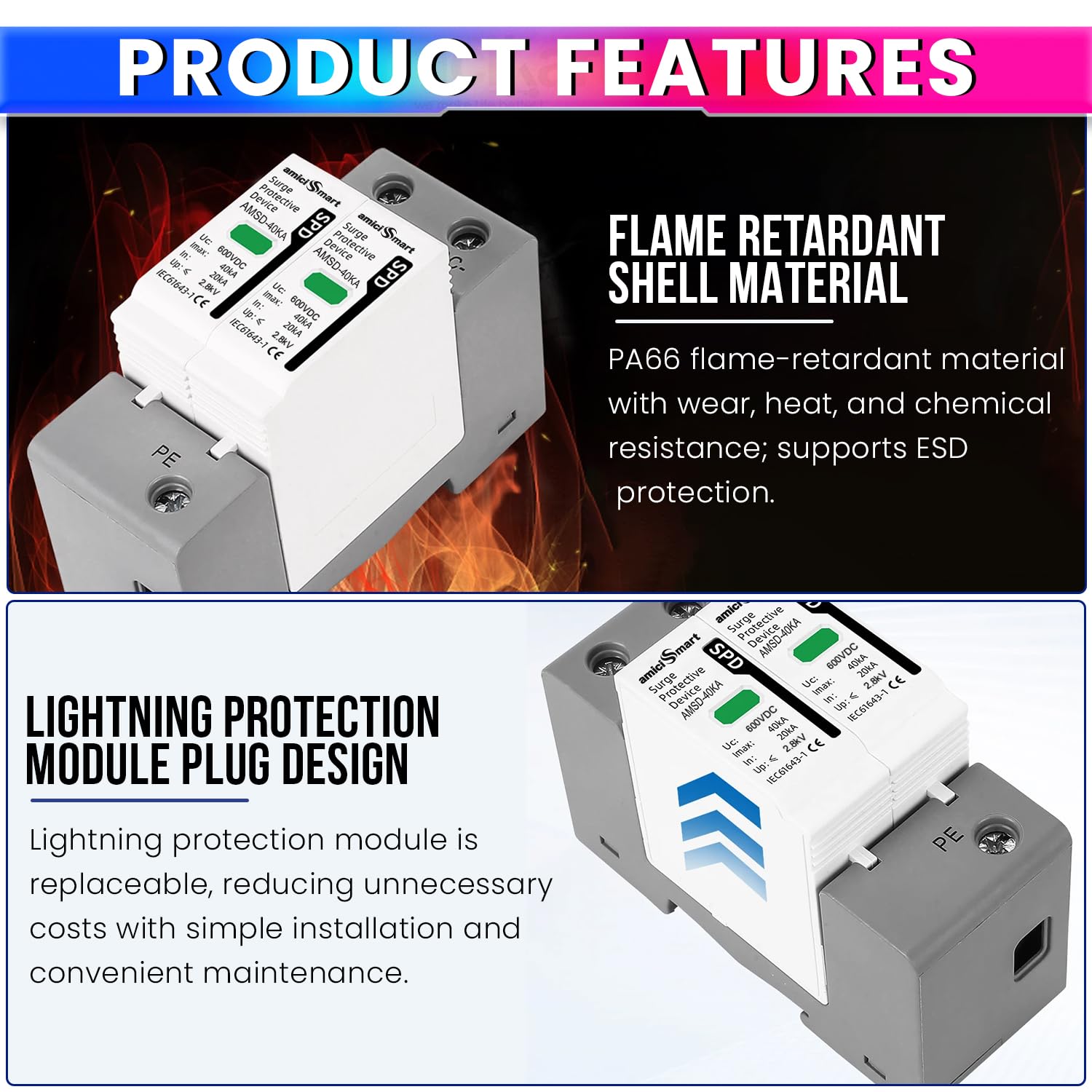 DC SPD Surge Protective Device 20KA 40KA Voltage Protector for Solar PV Systems
