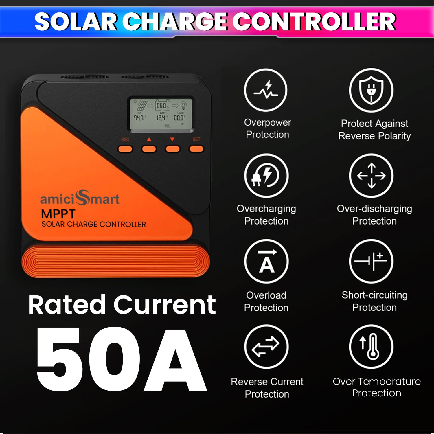 50A True MPPT Solar Charge Controller Lithium Battery Regulator with Dual Cooling Fans & Real-Time LCD Display 5V/3A USB Port, 12V/24V