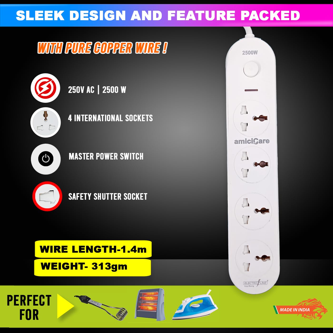 Extension Board, 4 Universal Socket with Master Switch amiciKart