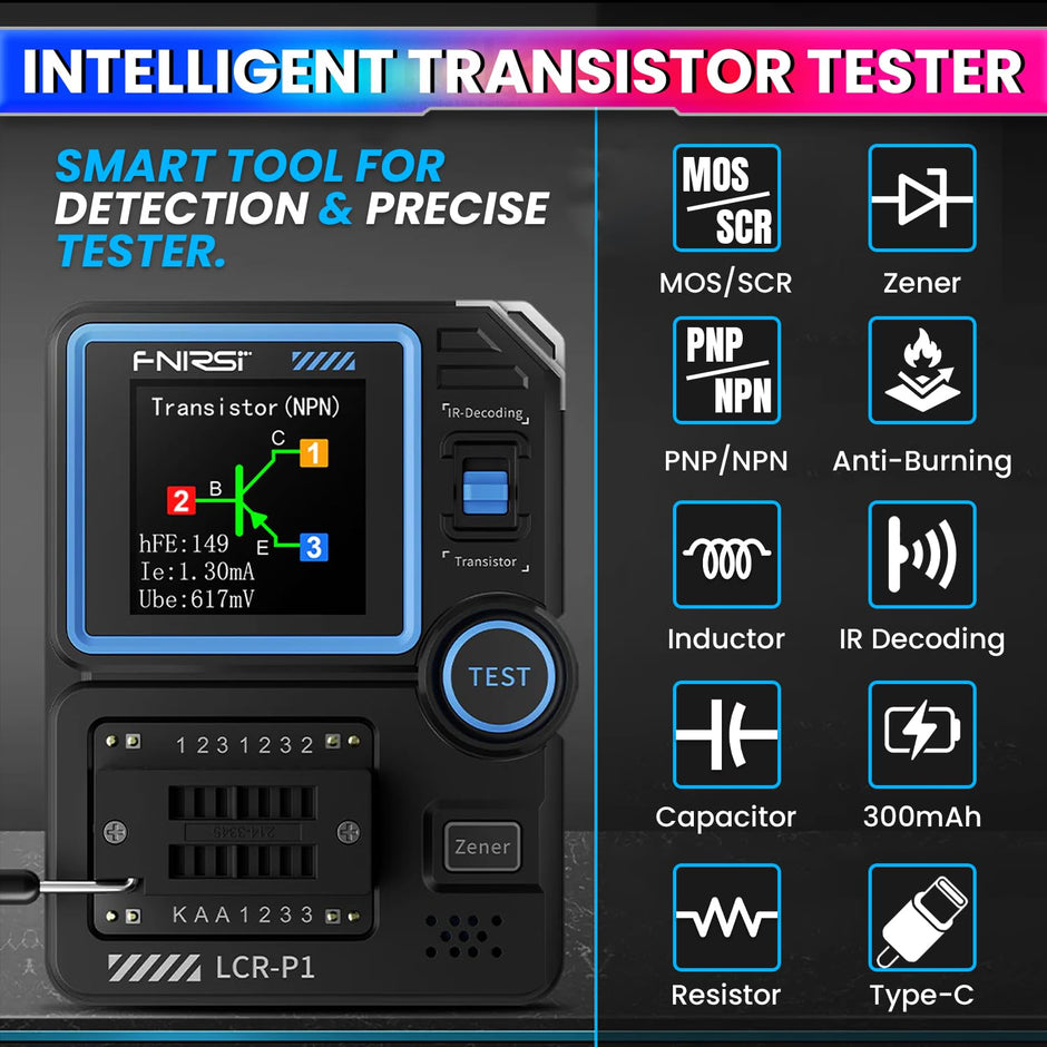 LCR-P1 Transistor & Capacitor Tester – 1.44'' Display, USB-C Rechargeable LCR Meter amiciKart