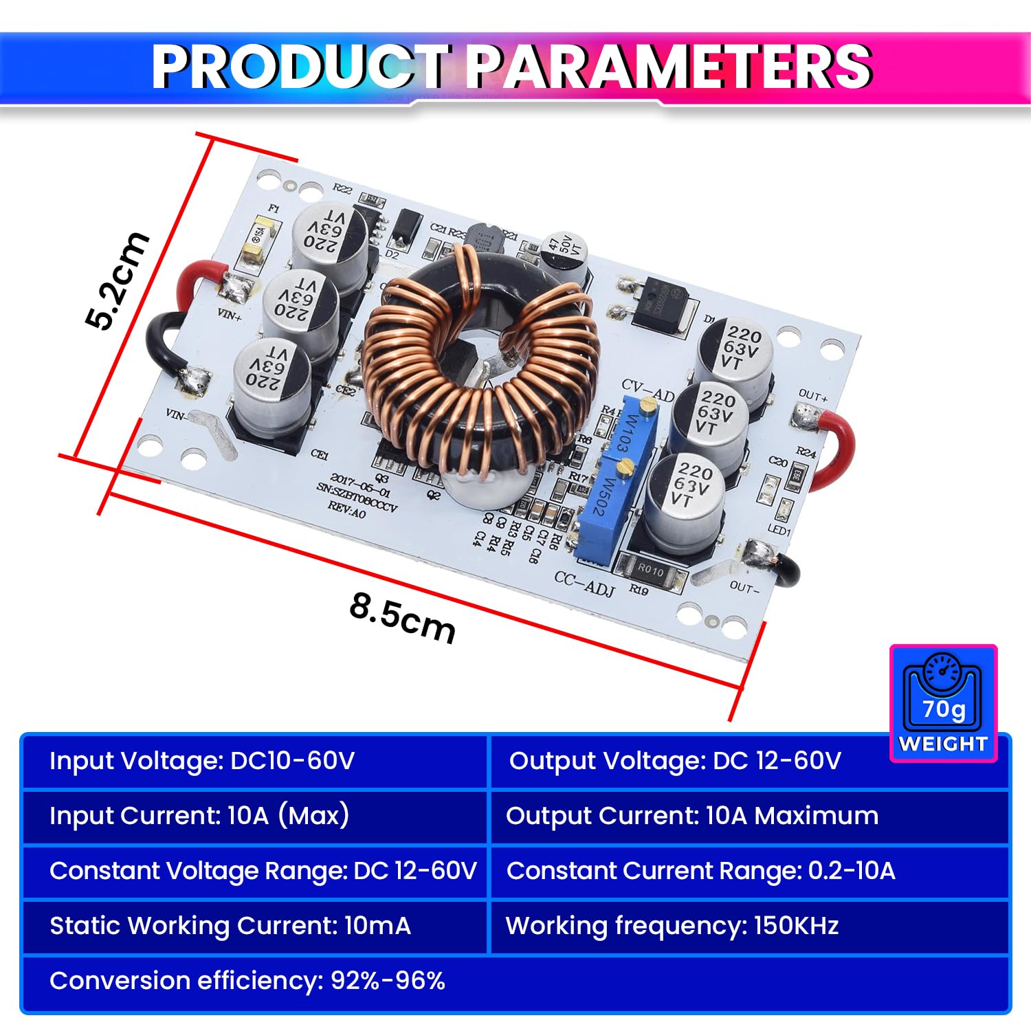 600W DC-DC Boost Converter, 10-60V to 12-60V Adjustable