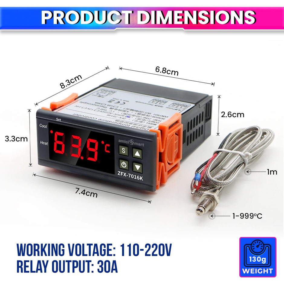 Digital Temperature Controller Thermostat Switch with K-Type Sensor