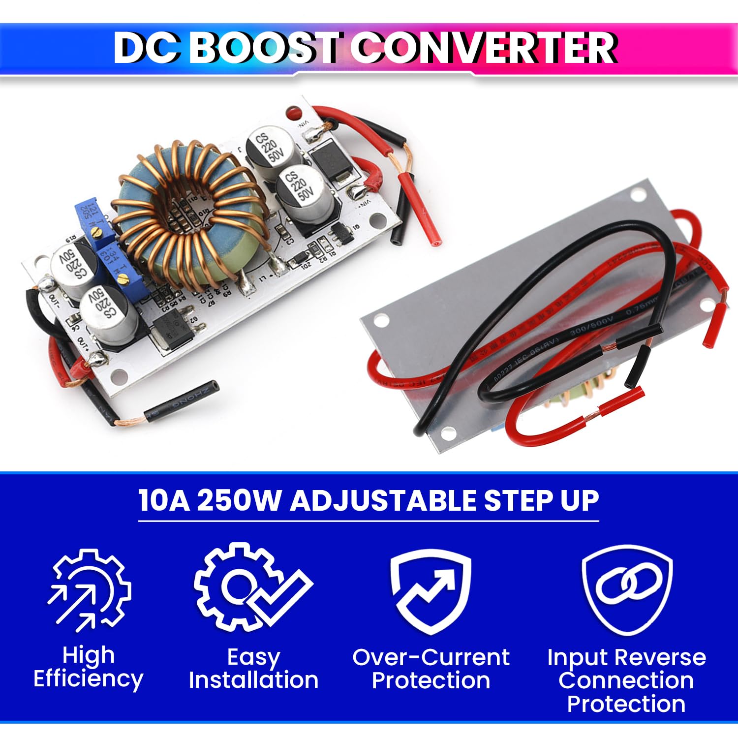 10A Boost Converter, 8-48V Input to 12-50V Adjustable Output Step-Up Module
