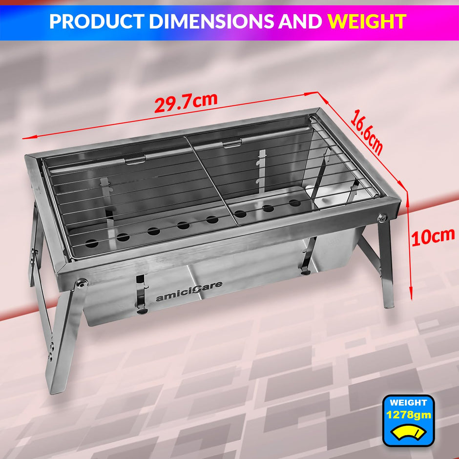 amiciCare Portable Barbecue Grill, Small Foldable Stainless Steel Charcoal Grill For Outdoor Cooking, Camping, Backyard Barbecue, Free Standing