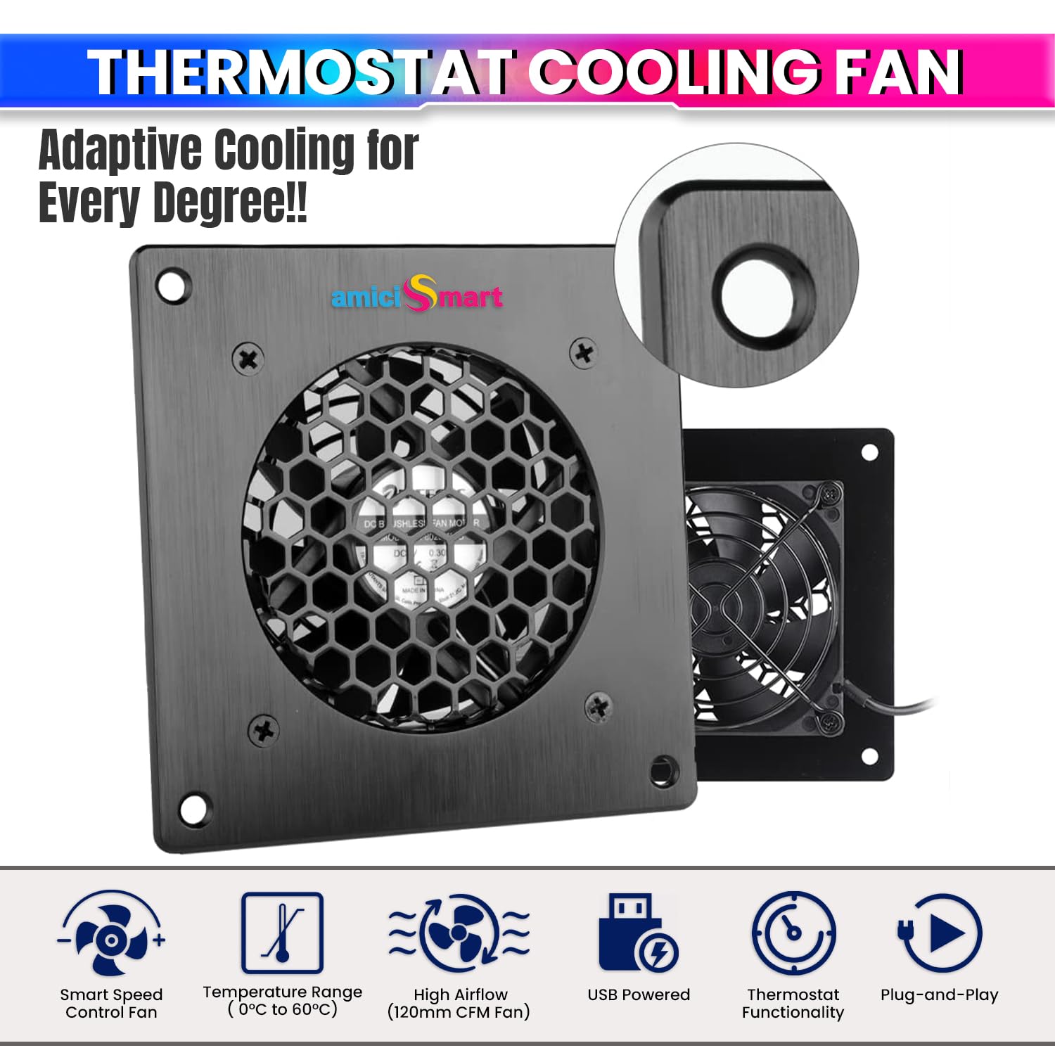 Speed Control Cooling Fan with Thermostat 120mm High CFM Ventilation Auto Temperature Control 0–60°C