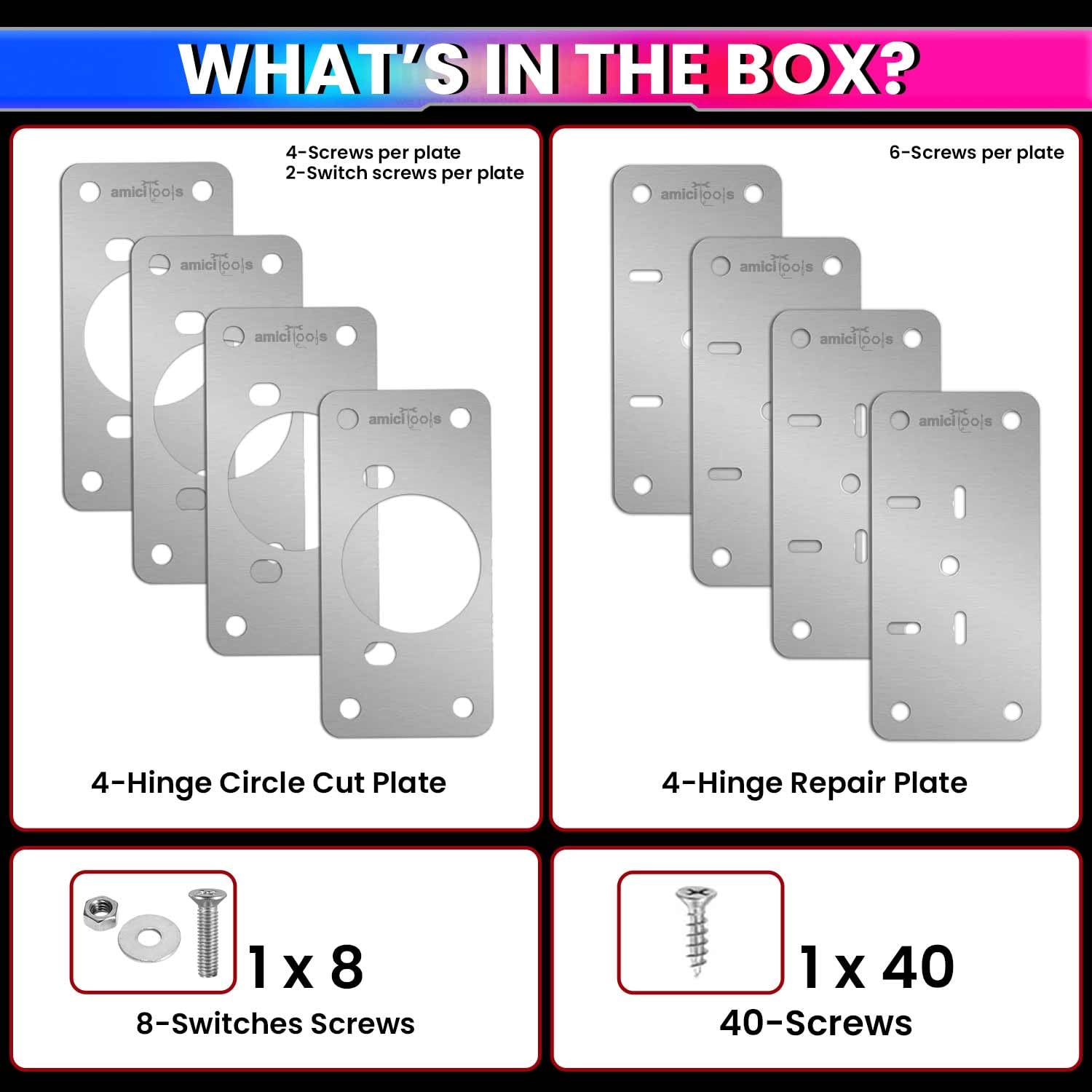 amiciTools Hinge Repair Plate Kit | Stainless Steel (SS202) Door Hinge Reinforcement | Fix Loose Cabinet Hinges Quickly