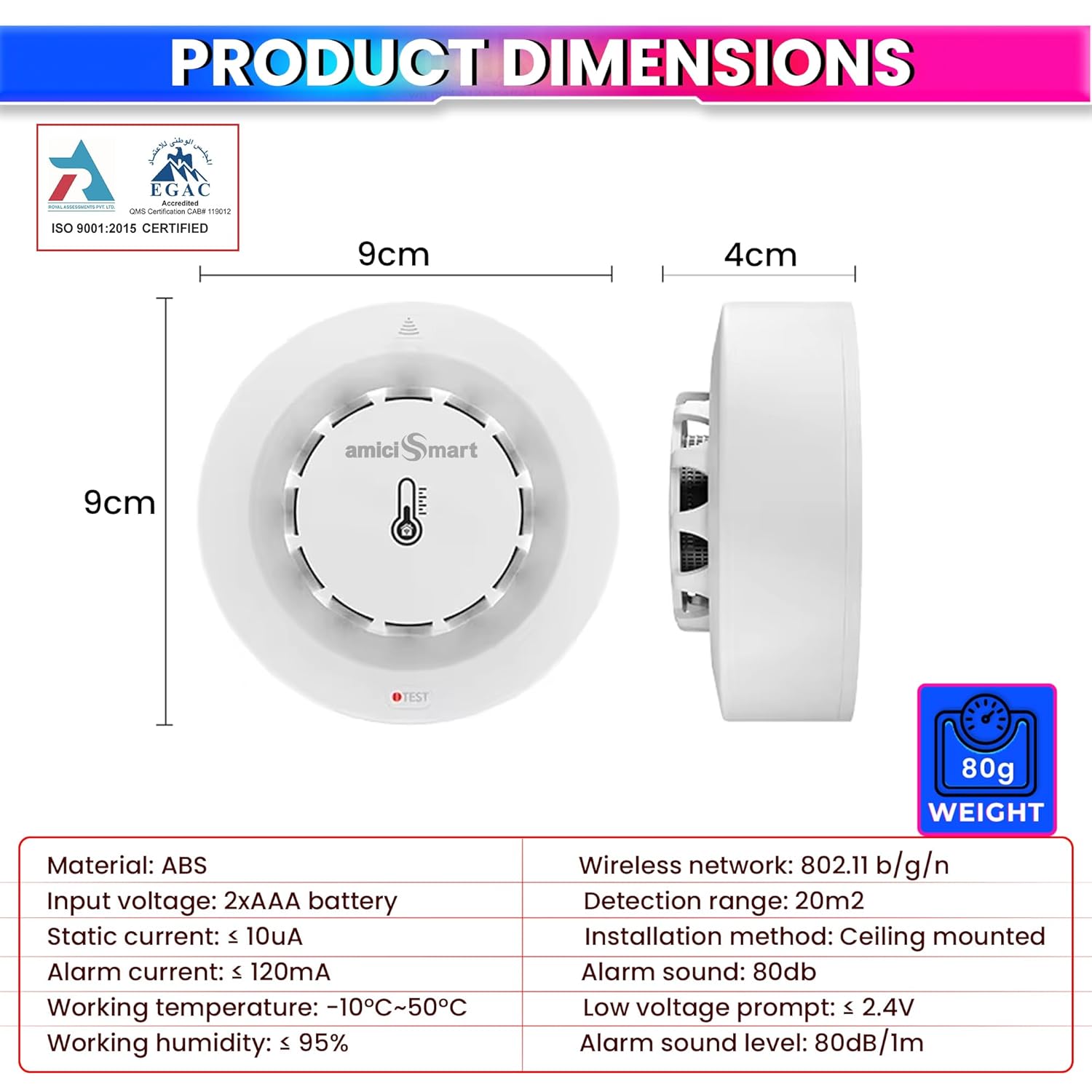 WiFi Smart Smoke Detector with App Alerts, 80dB Alarm & Temp/Humidity Monitor