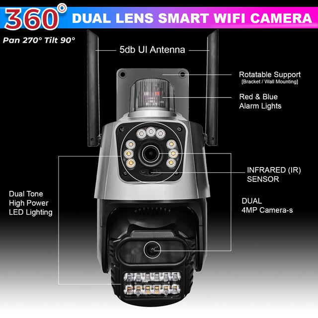 amiciVision Dual Camera CCTV, 4K+4K HD Security Camera with Built-in Alarm, Two Way Audio Communication, Motion Detection, 128GB Storage Card