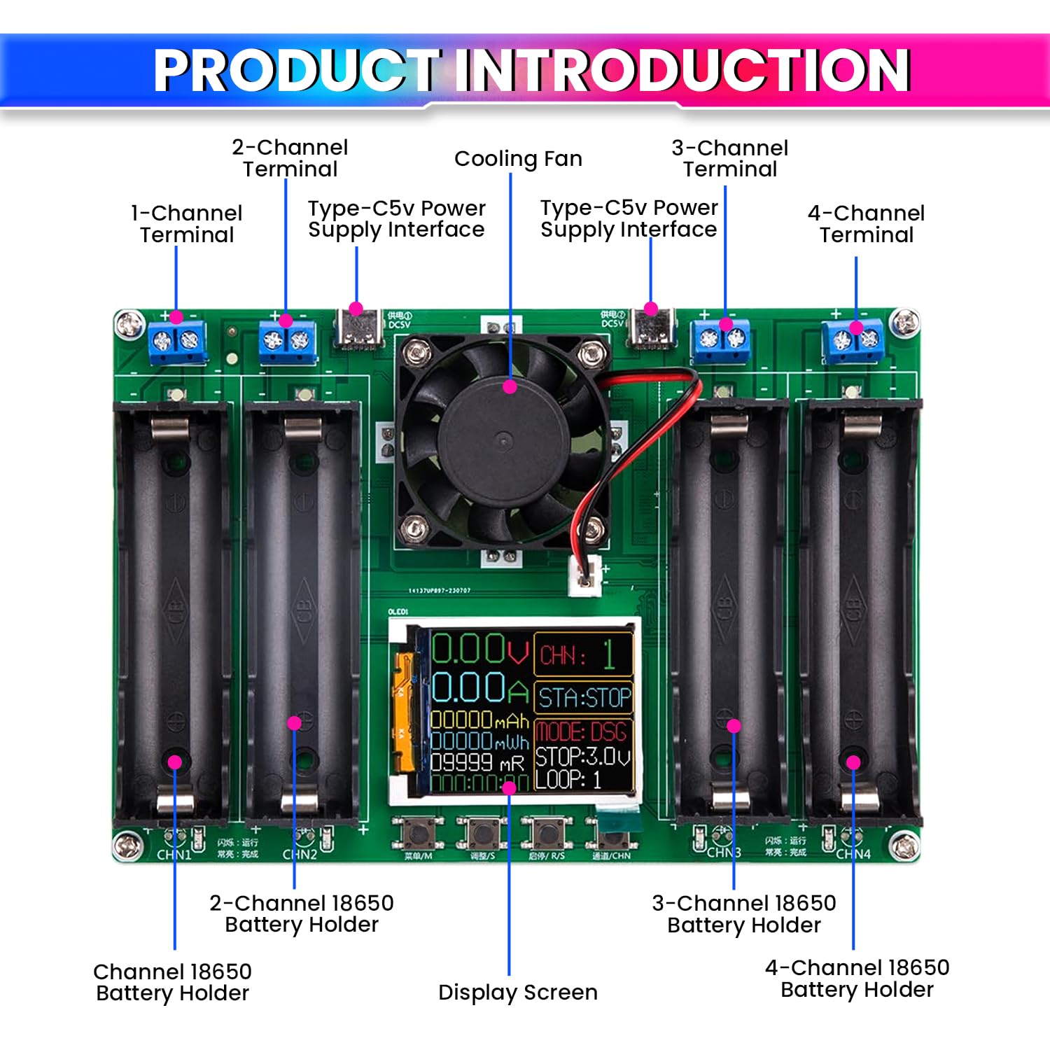 4-Slot Battery Capacity Tester for 18650 Battery Type, Digital Battery Power Detector Module