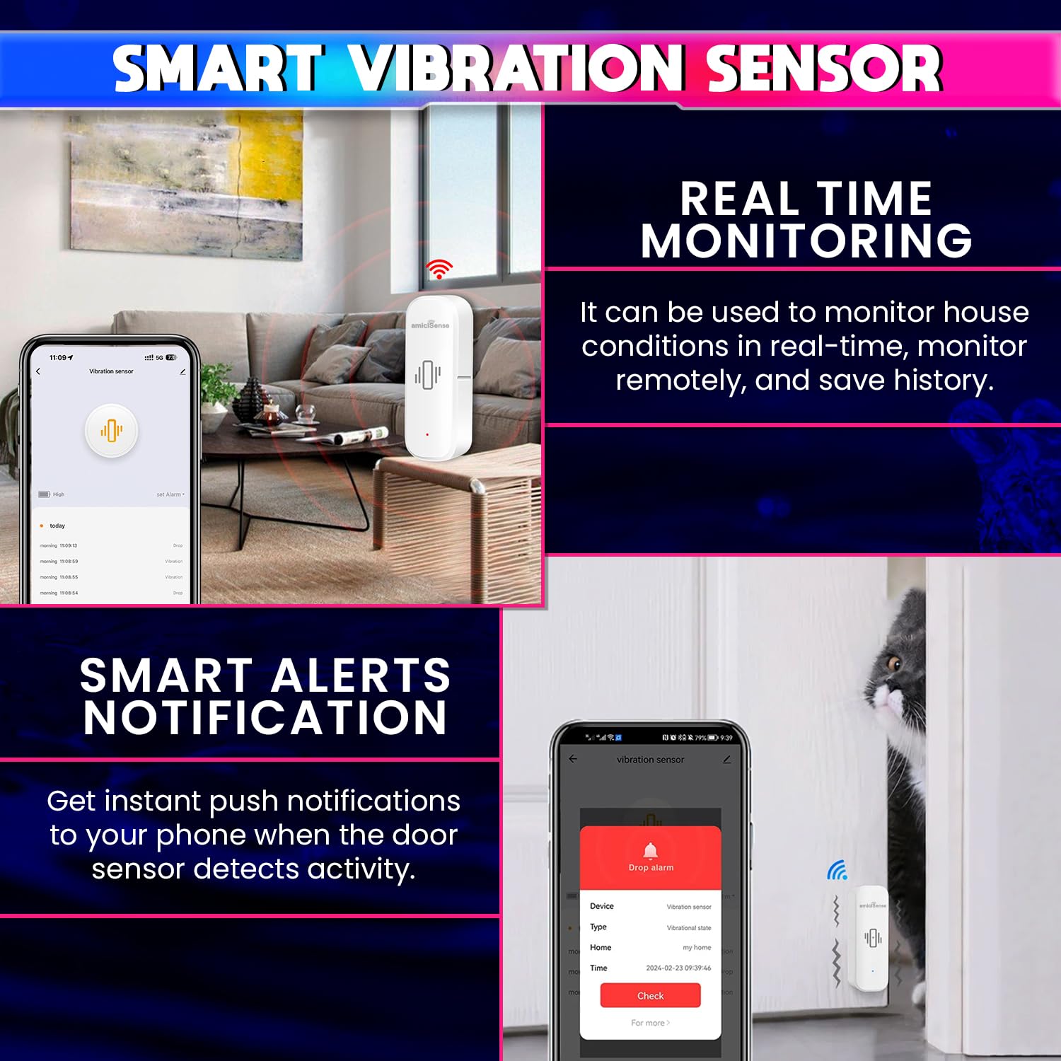 WiFi Vibration Sensor – Real-Time Notification Alerts, Adjustable Sensitivity, SmartLife App Support