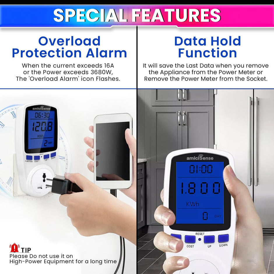 Digital Power Meter Plug – Voltage, Amps & Frequency Test & Cost Monitor 16A Capacity with Real-Time