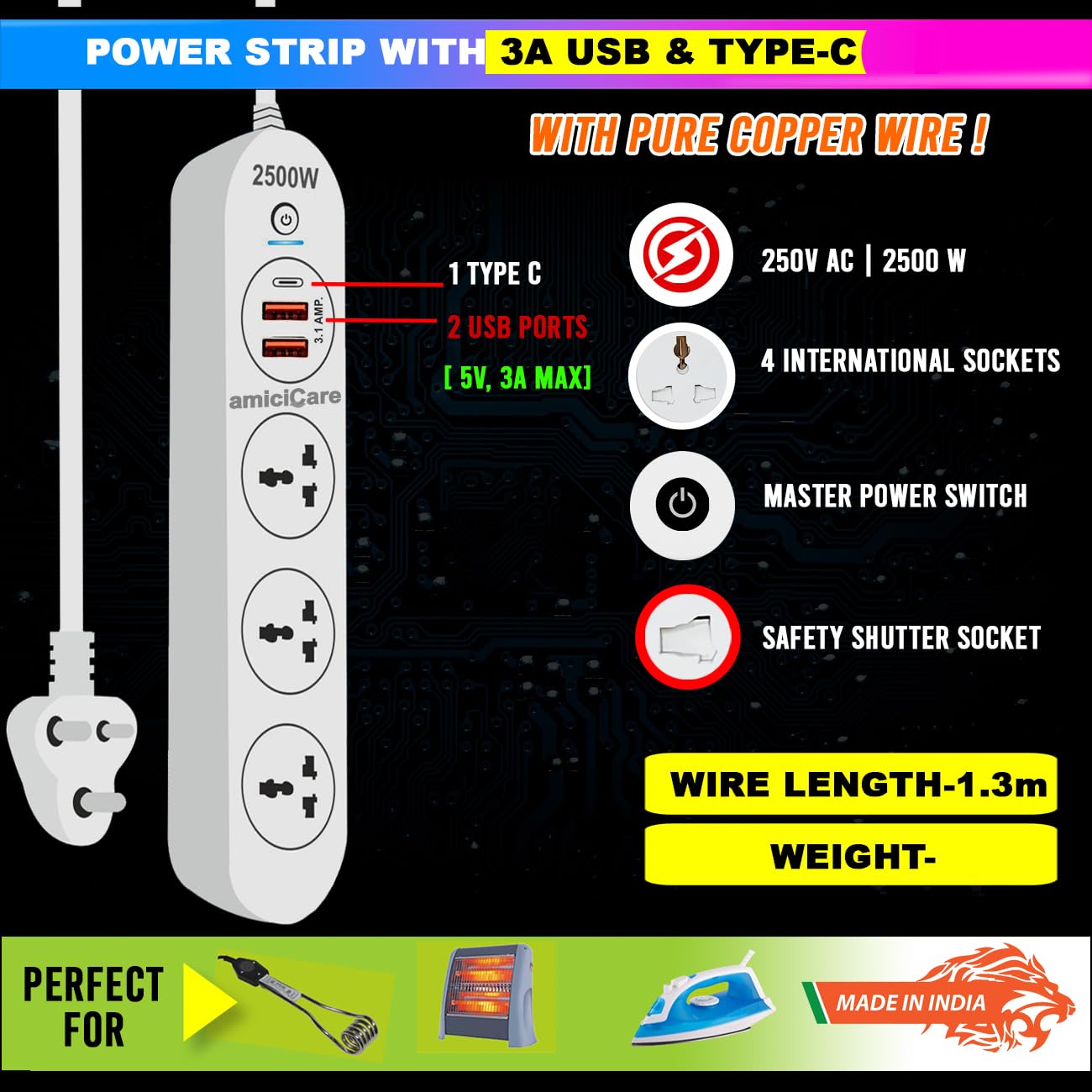 ElectroLine Extension Board 3 Universal Socket with 2 USB Port, Type-C Port & 1.3m Cord with On/Off Switch